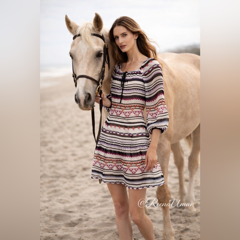 NWOT BCBGMAXAZRIA “Rory” Peasant Multi-Color Silk Dress – Size XXS